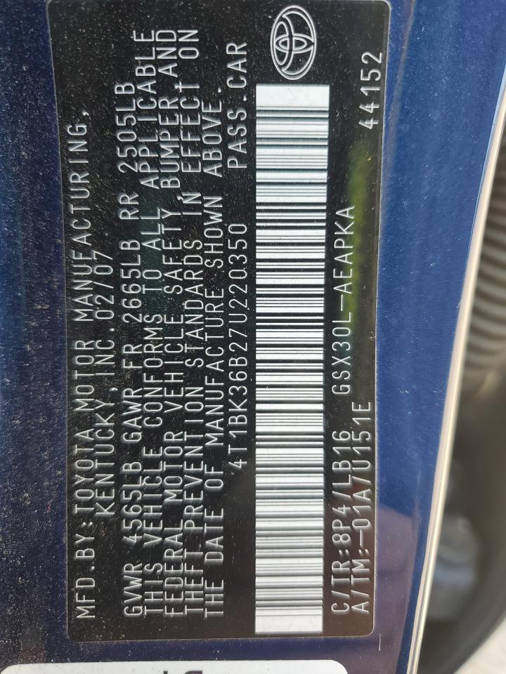 2007 Toyota Avalon Xl VIN: 4T1BK36B27U220350 Lot: 87289115