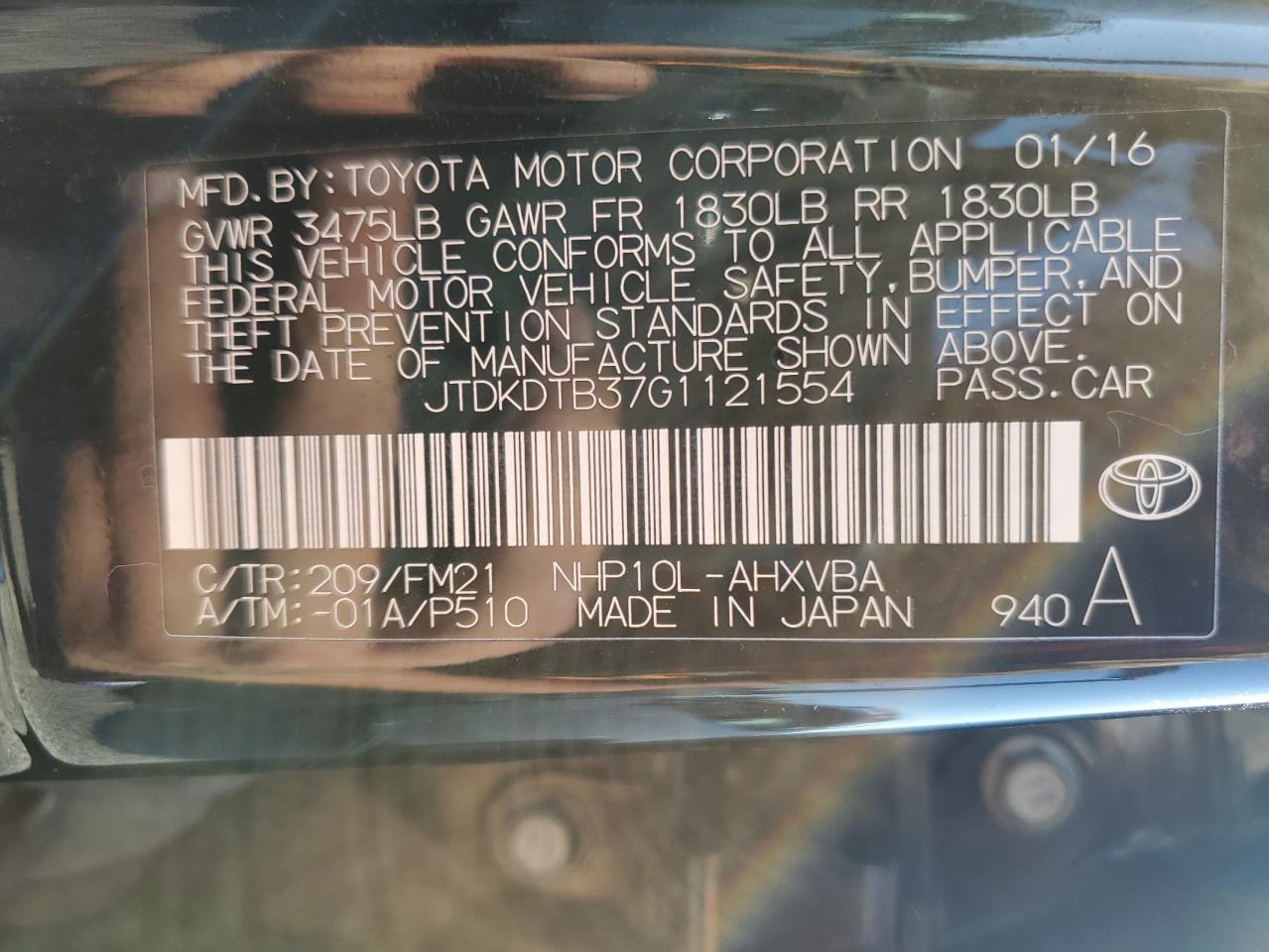 2016 Toyota Prius C VIN: JTDKDTB37G1121554 Lot: 82160985