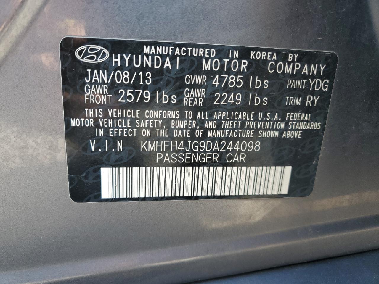 2013 Hyundai Azera Gls VIN: KMHFH4JG9DA244098 Lot: 81301755