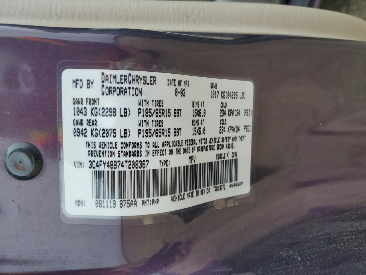 2004 Chrysler Pt Cruiser VIN: 3C4FY48B74T208367 Lot: 71744445