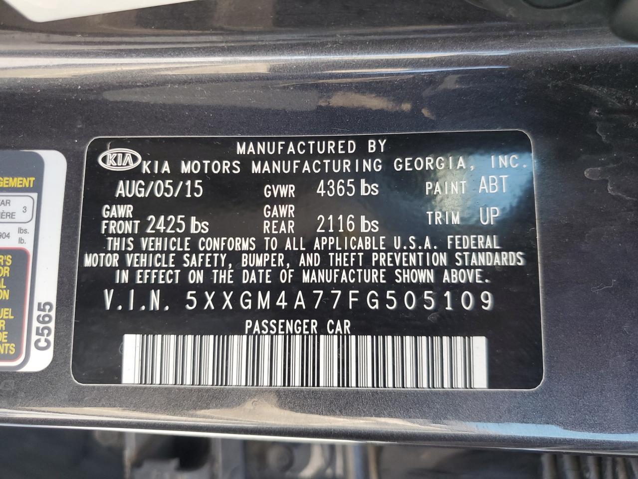 2015 Kia Optima Lx VIN: 5XXGM4A77FG505109 Lot: 80751405