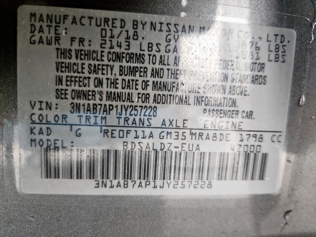 2018 Nissan Sentra S VIN: 3N1AB7AP1JY257228 Lot: 84022345