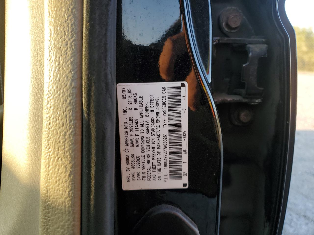 2007 Acura Tl VIN: 19UUA66277A038261 Lot: 72068465