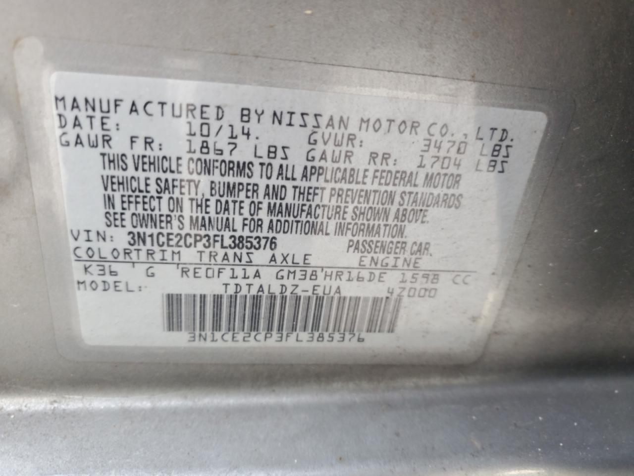 2015 Nissan Versa Note S VIN: 3N1CE2CP3FL385376 Lot: 70970535