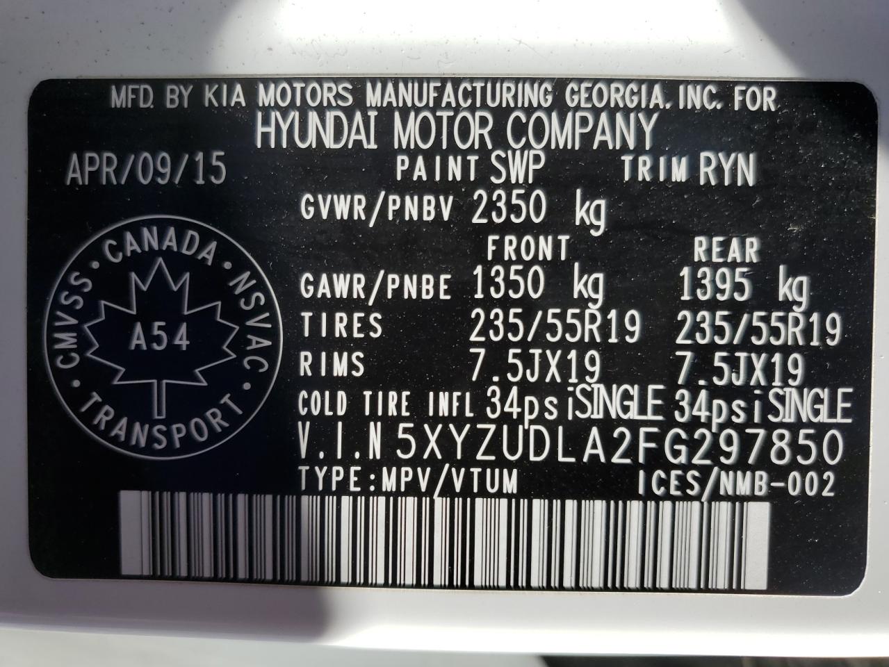 2015 Hyundai Santa Fe Sport VIN: 5XYZUDLA2FG297850 Lot: 83794075