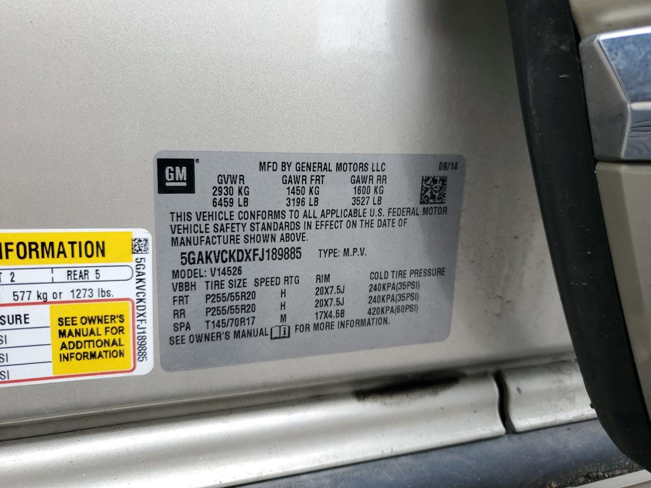 2015 Buick Enclave VIN: 5GAKVCKDXFJ189885 Lot: 81762845