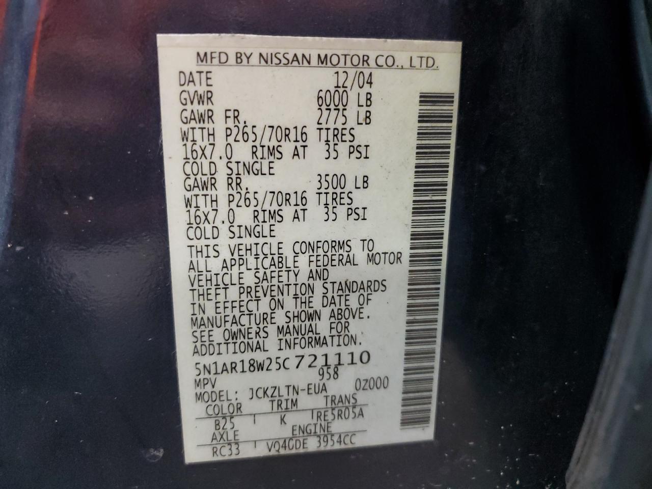 2005 Nissan Pathfinder Le VIN: 5N1AR18W25C721110 Lot: 71594575