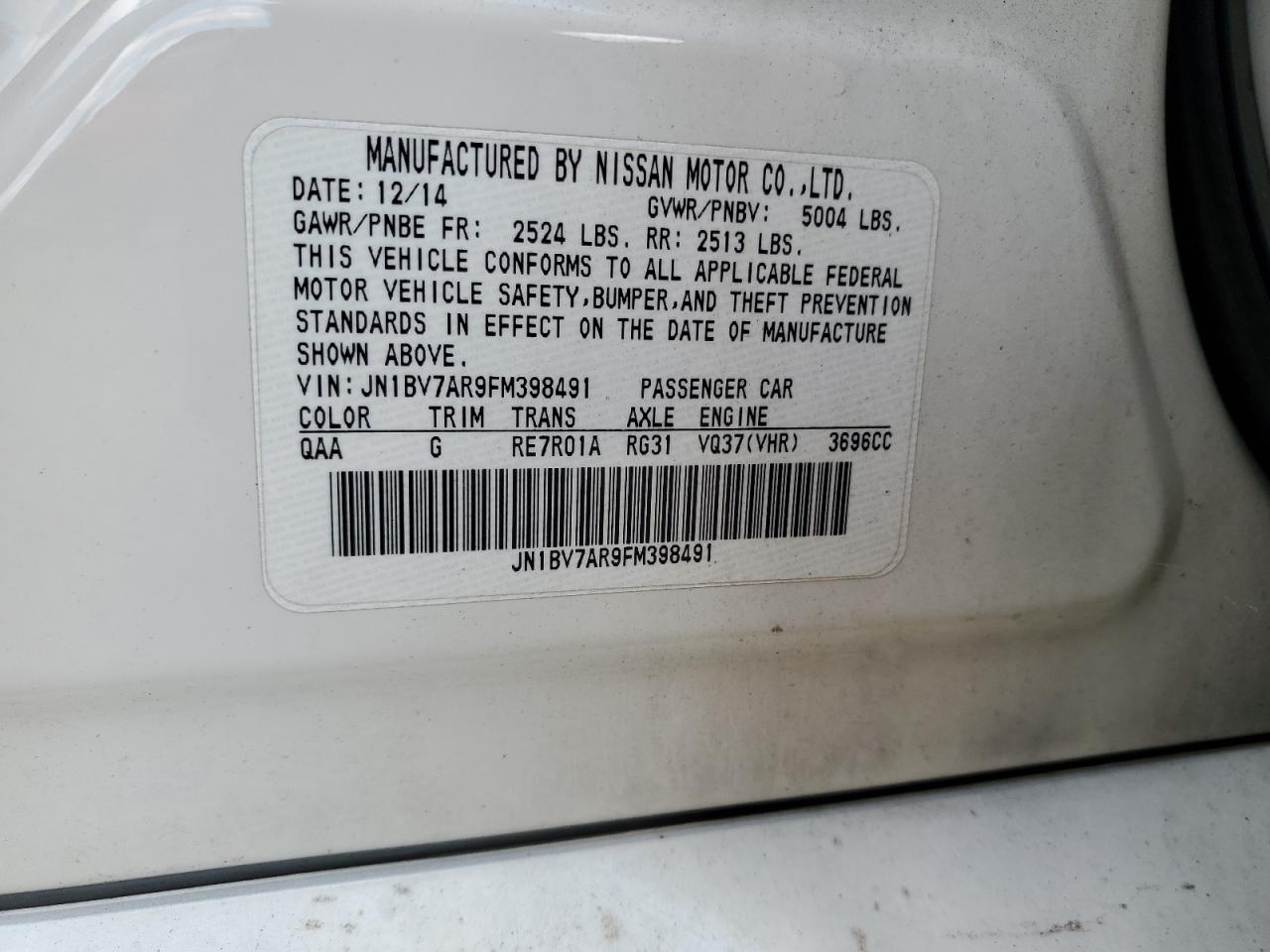 2015 Infiniti Q50 Base VIN: JN1BV7AR9FM398491 Lot: 84254615