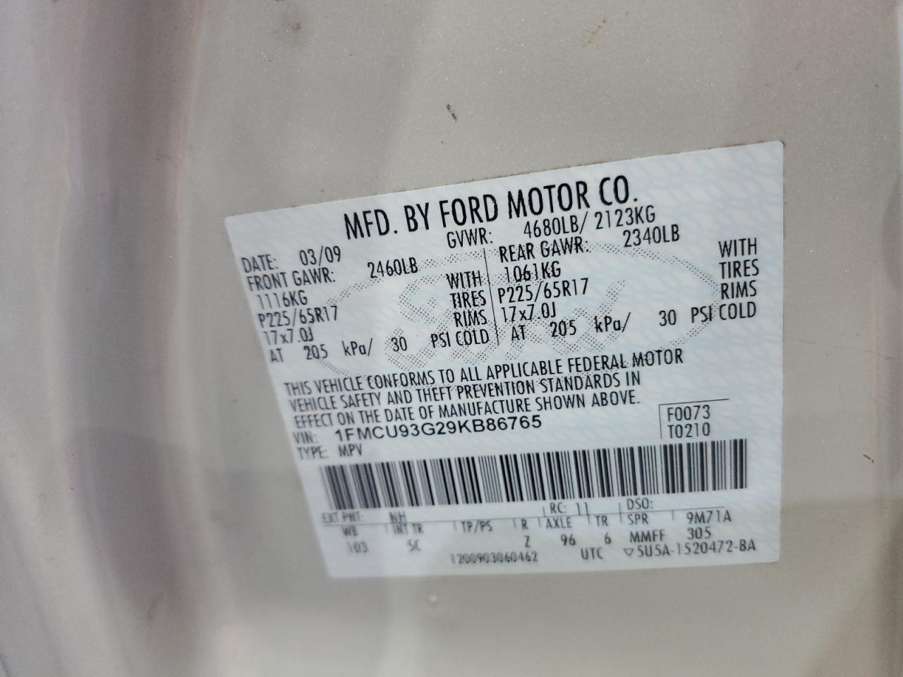 2009 Ford Escape Xlt VIN: 1FMCU93G29KB86765 Lot: 80279435