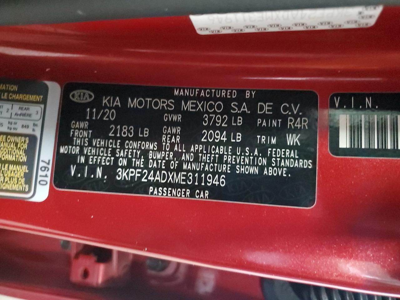 2021 Kia Forte Fe VIN: 3KPF24ADXME311946 Lot: 71167025