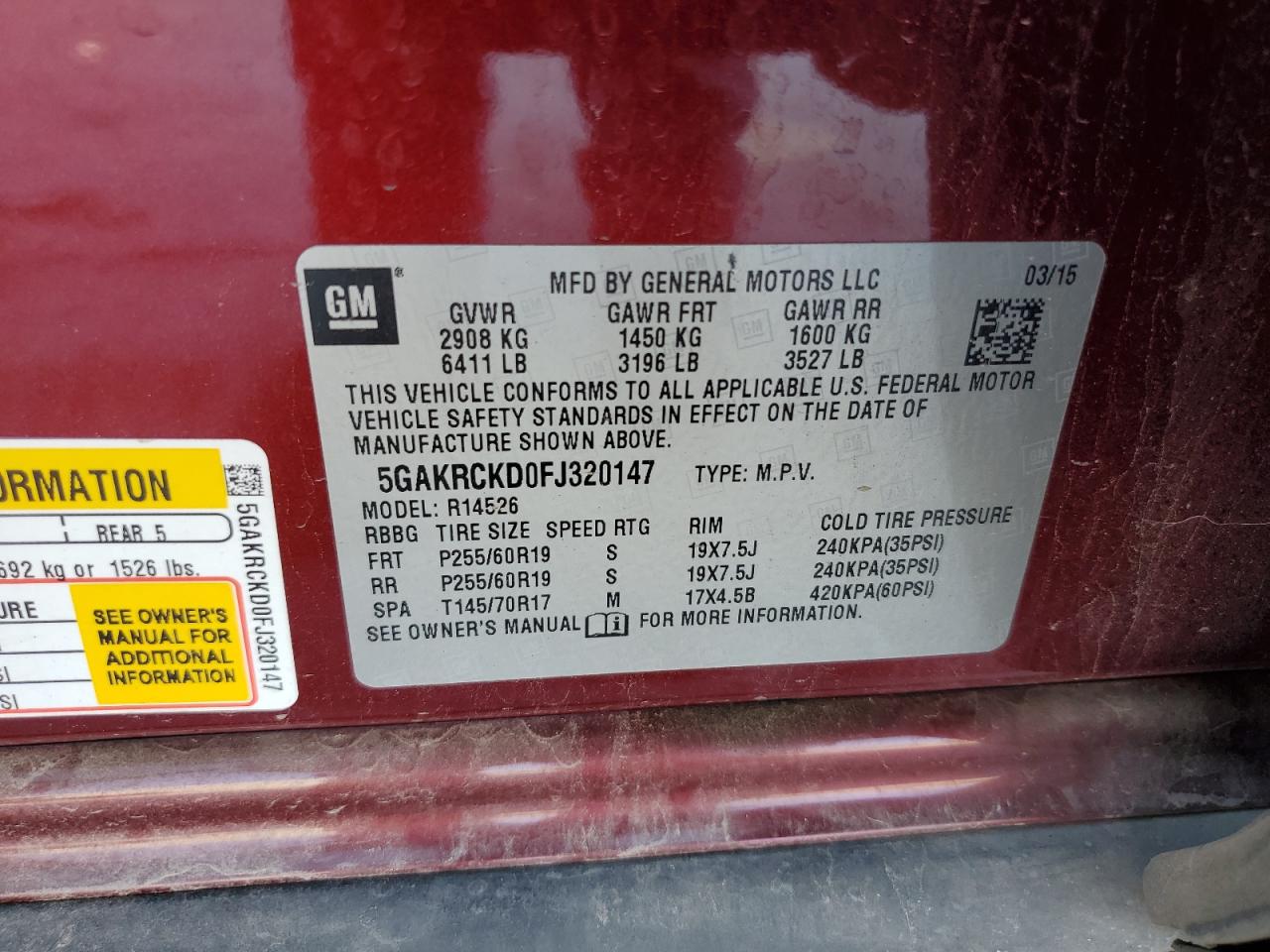 2015 Buick Enclave VIN: 5GAKRCKD0FJ320147 Lot: 84620115