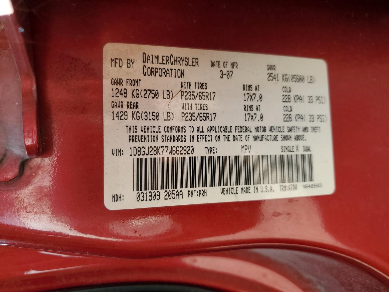 2007 Dodge Nitro Sxt VIN: 1D8GU28K77W662820 Lot: 83799305