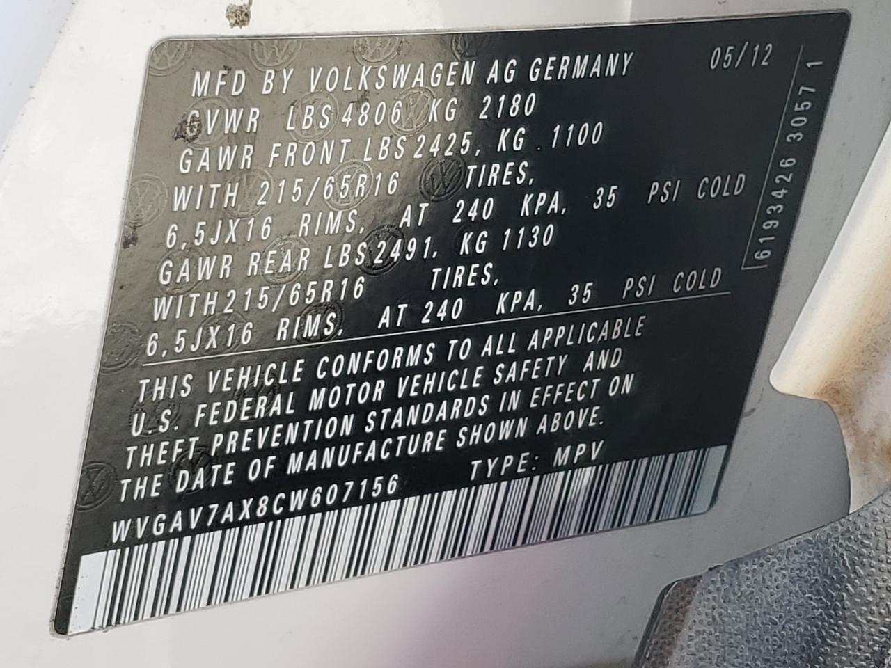 2012 Volkswagen Tiguan S VIN: WVGAV7AX8CW607156 Lot: 82101235