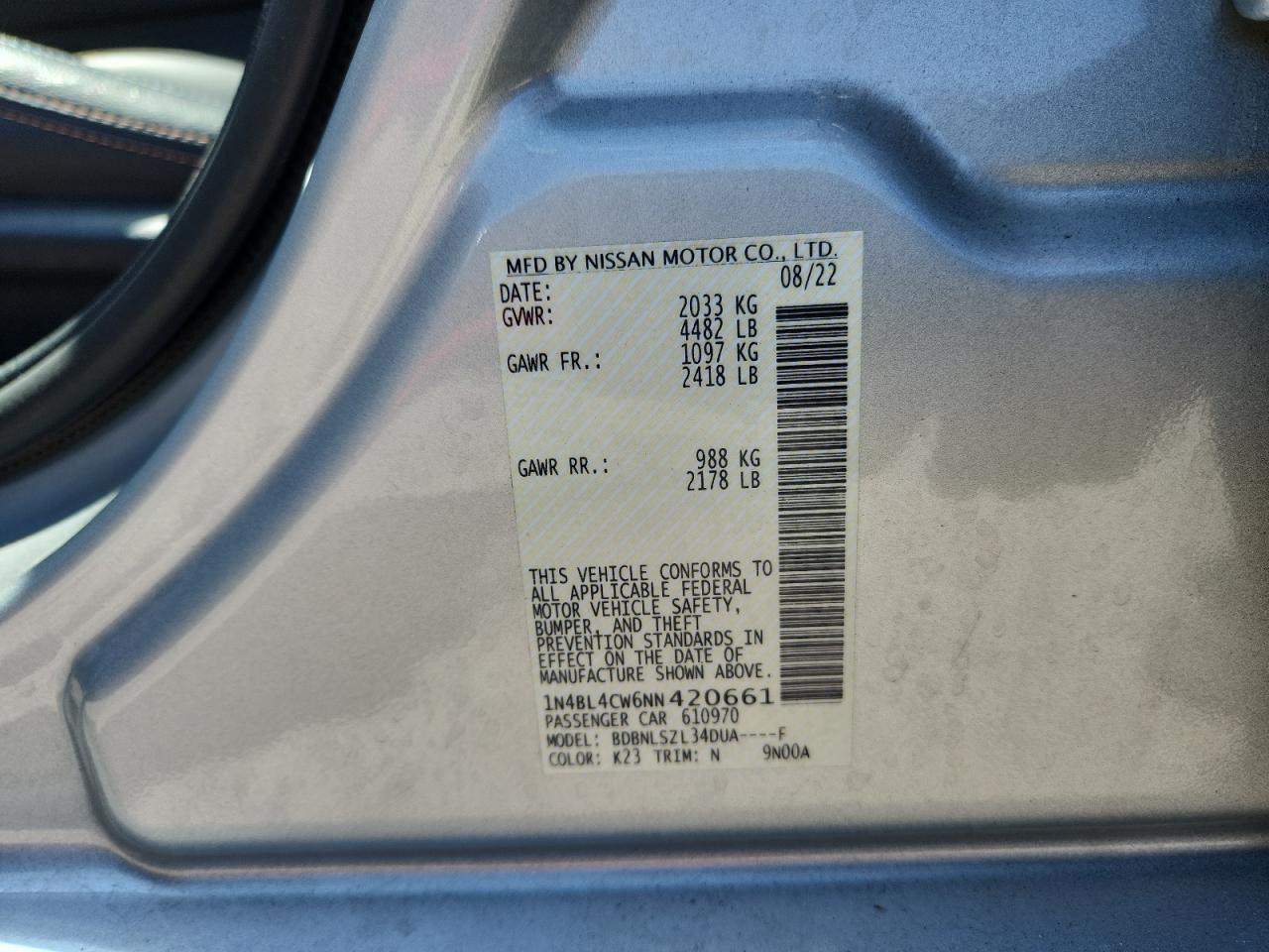 2022 Nissan Altima Sr VIN: 1N4BL4CW6NN420661 Lot: 69748075