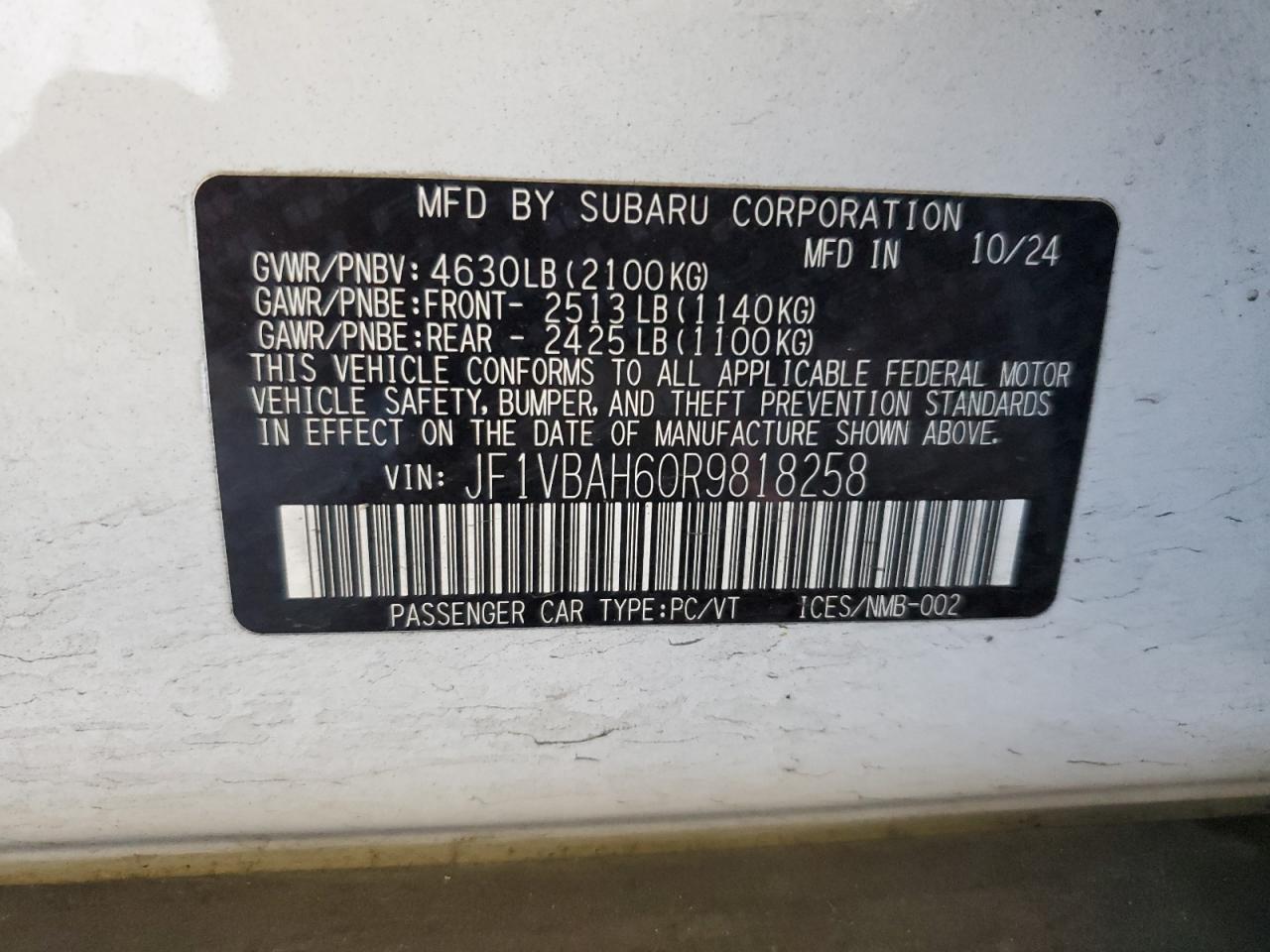 2024 Subaru Wrx Premium VIN: JF1VBAH60R9818258 Lot: 80204215