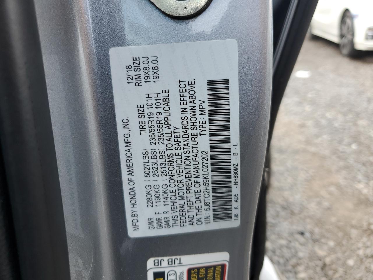 2019 Acura Rdx Technology VIN: 5J8TC2H59KL027202 Lot: 84227735