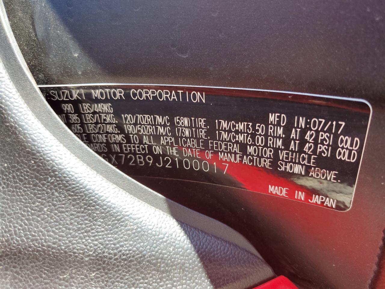 2018 Suzuki Gsx1300 Ra VIN: JS1GX72B9J2100017 Lot: 71689615