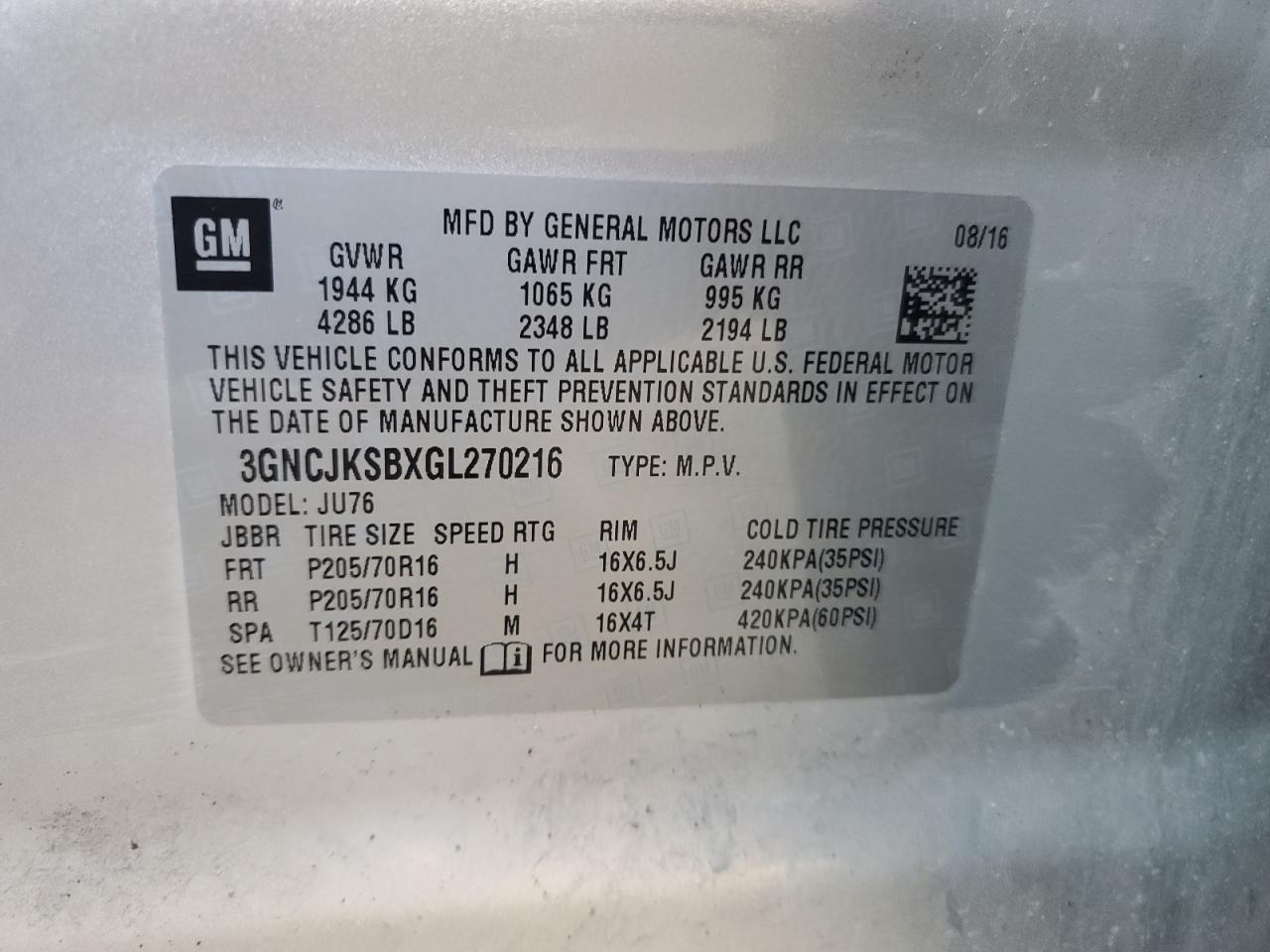2016 Chevrolet Trax Ls VIN: 3GNCJKSBXGL270216 Lot: 84370145