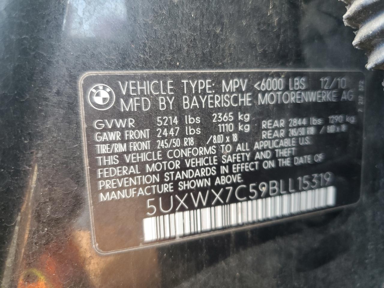 2011 BMW X3 xDrive35I VIN: 5UXWX7C59BLL15319 Lot: 82116815