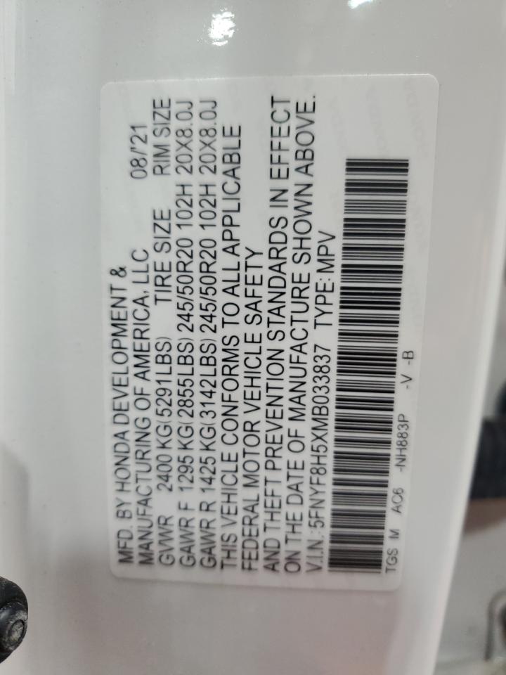 2021 Honda Passport Exl VIN: 5FNYF8H5XMB033837 Lot: 71701255