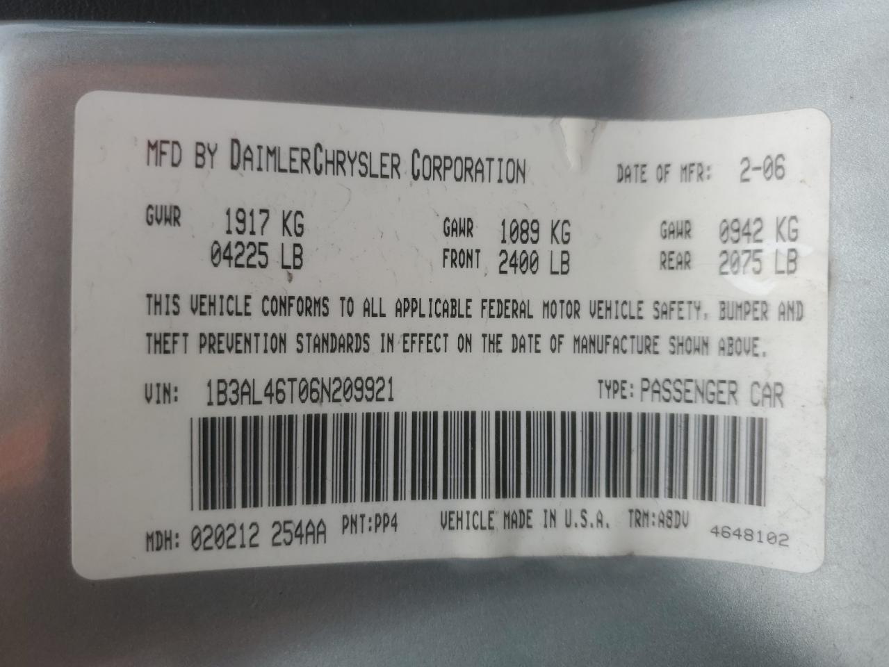 2006 Dodge Stratus Sxt VIN: 1B3AL46T06N209921 Lot: 70945225