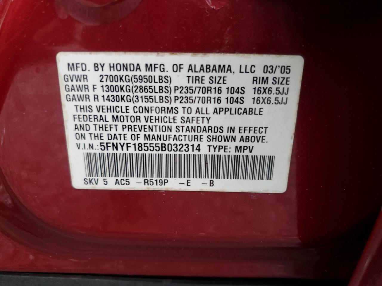 2005 Honda Pilot Exl VIN: 5FNYF18555B032314 Lot: 84432955