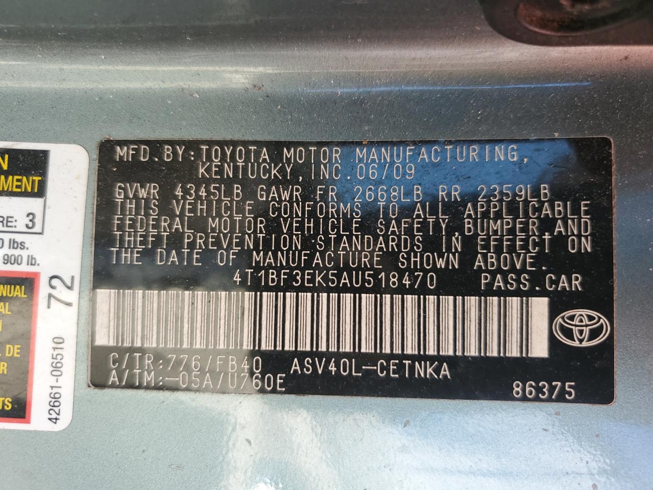 2010 Toyota Camry Base VIN: 4T1BF3EK5AU518470 Lot: 80092605