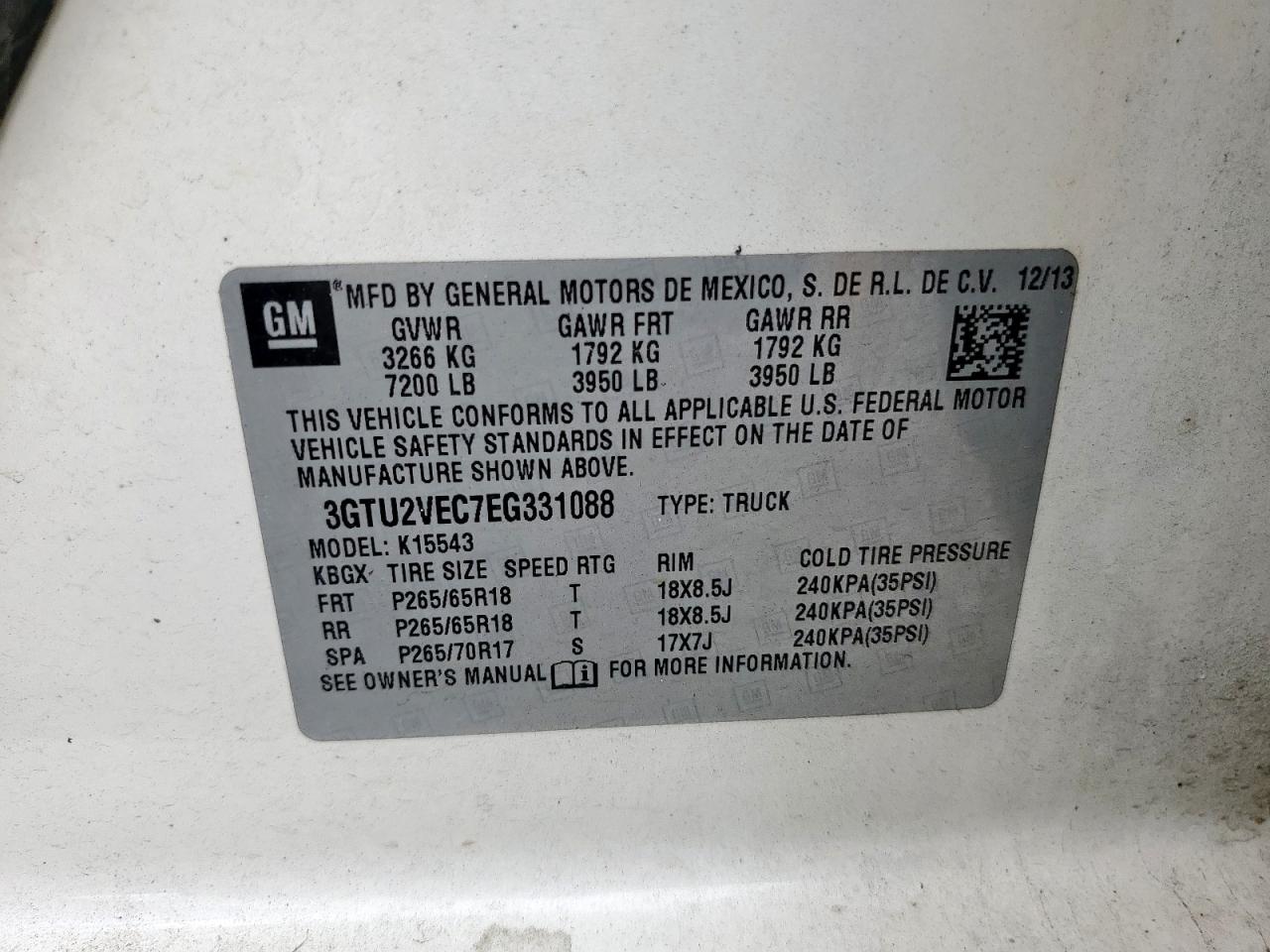 2014 GMC Sierra K1500 Slt VIN: 3GTU2VEC7EG331088 Lot: 80071545