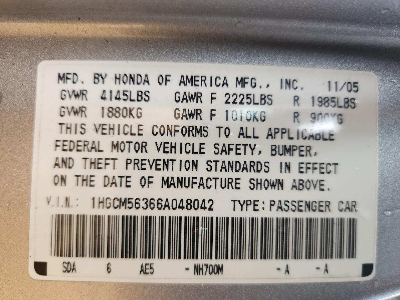 2006 Honda Accord Se VIN: 1HGCM56366A048042 Lot: 80604205