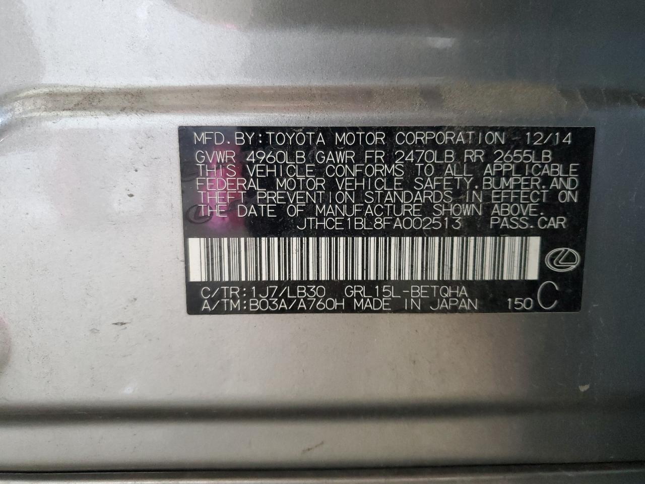 2015 Lexus Gs 350 VIN: JTHCE1BL8FA002513 Lot: 81079335