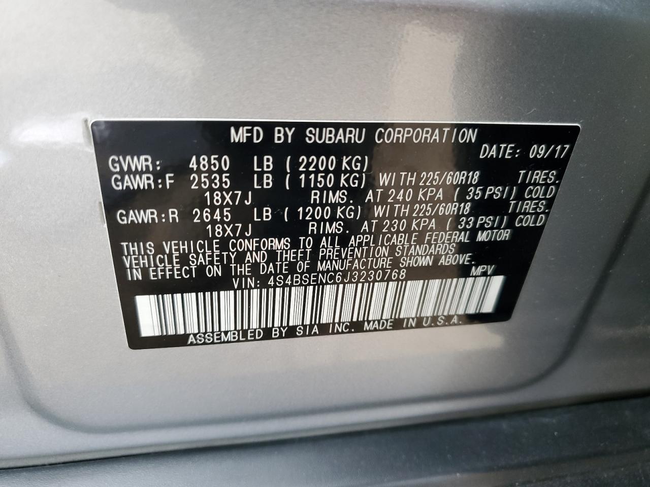 2018 Subaru Outback 3.6R Limited VIN: 4S4BSENC6J3230768 Lot: 71105275