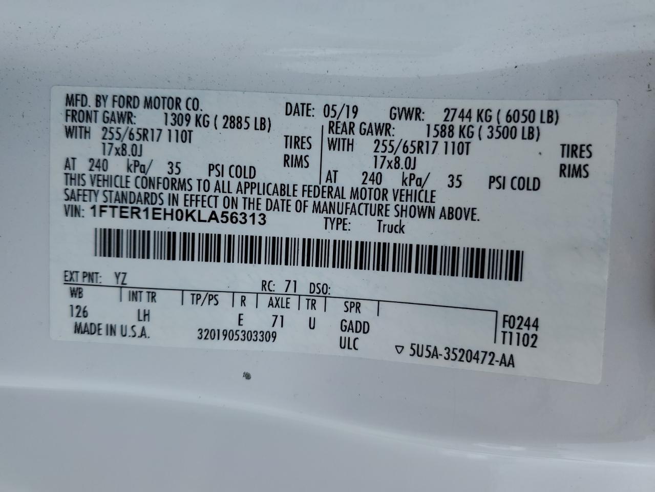 2019 Ford Ranger Xl VIN: 1FTER1EH0KLA56313 Lot: 84285055