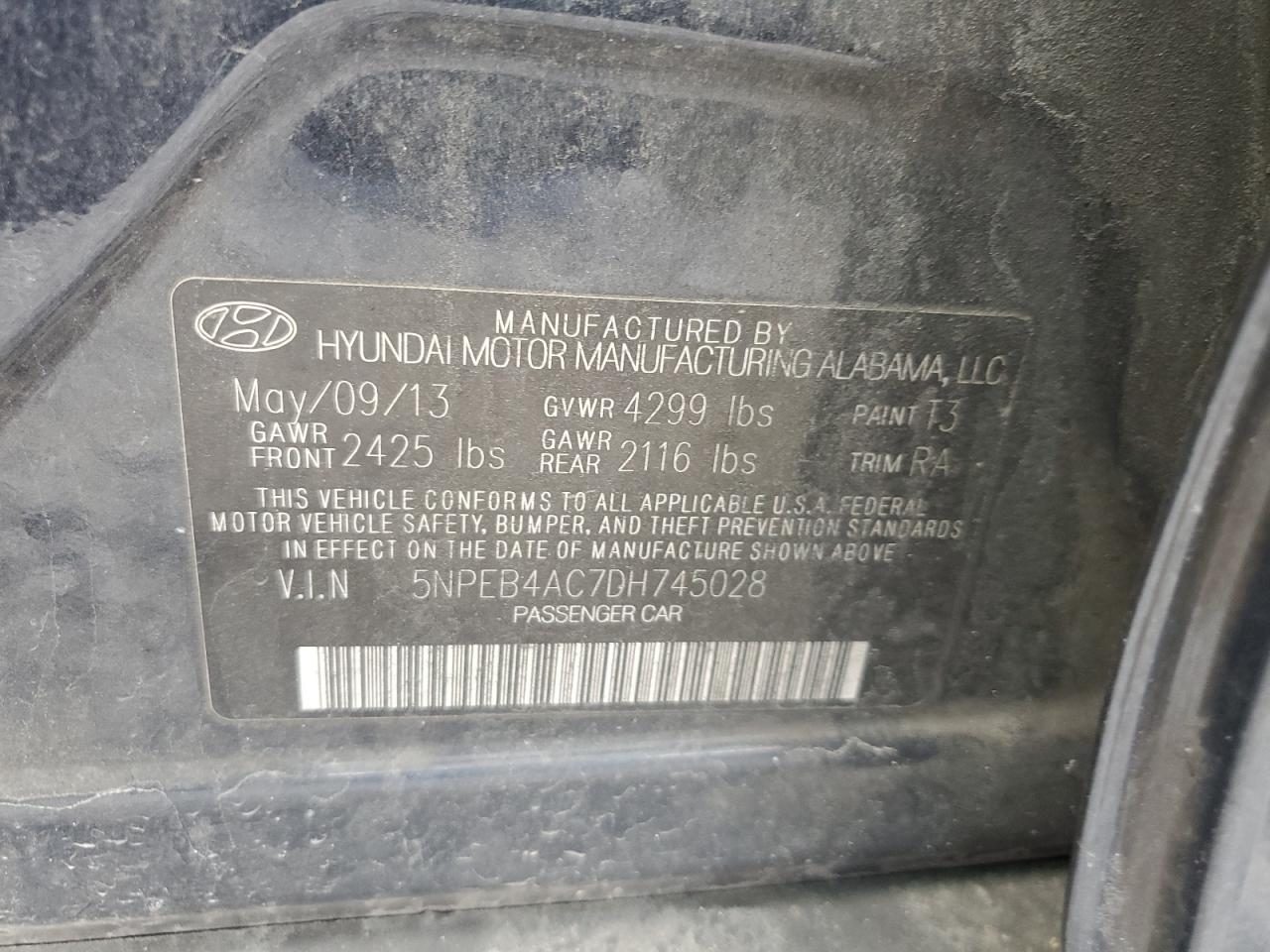 2013 Hyundai Sonata Gls VIN: 5NPEB4AC7DH745028 Lot: 81856745