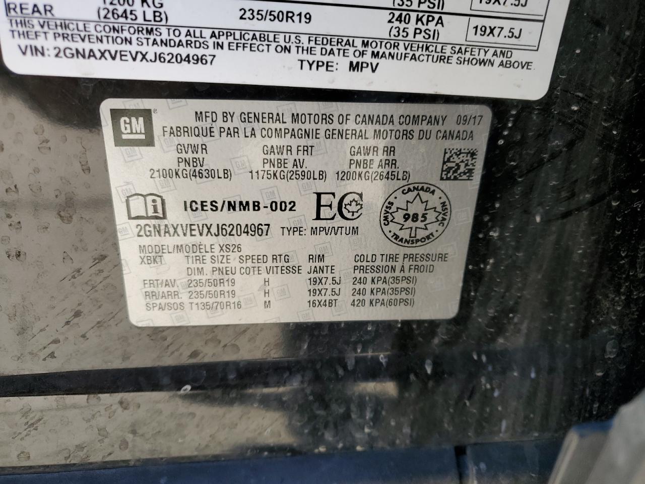 2018 Chevrolet Equinox Premier VIN: 2GNAXVEVXJ6204967 Lot: 71840325