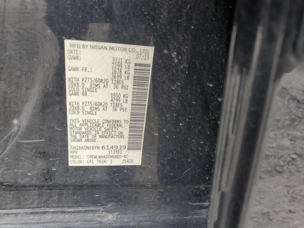 2015 Nissan Armada Platinum VIN: 5N1BA0NE6FN614939 Lot: 82100645