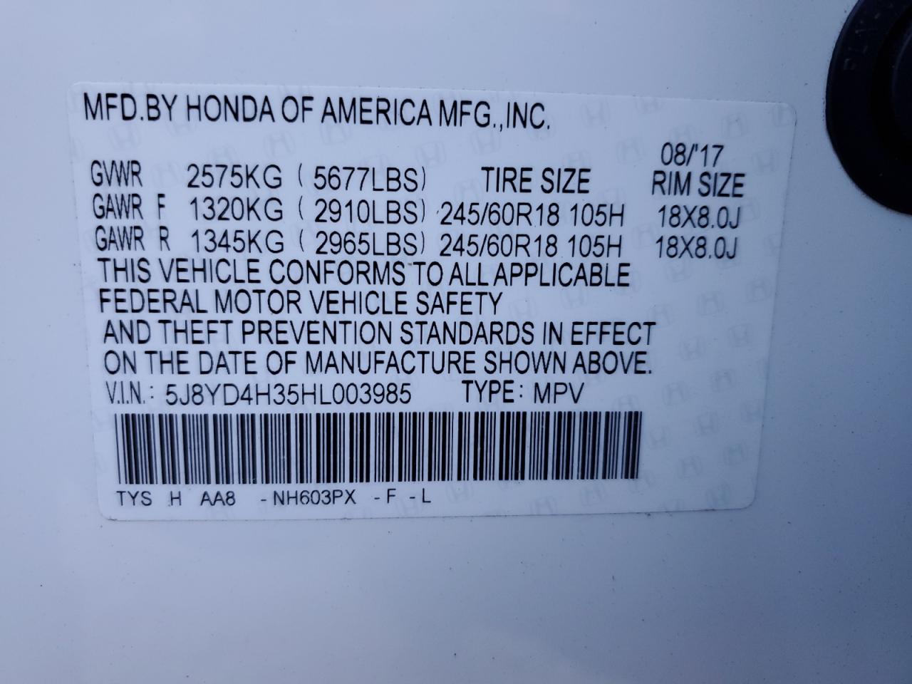 2017 Acura Mdx VIN: 5J8YD4H35HL003985 Lot: 72099655