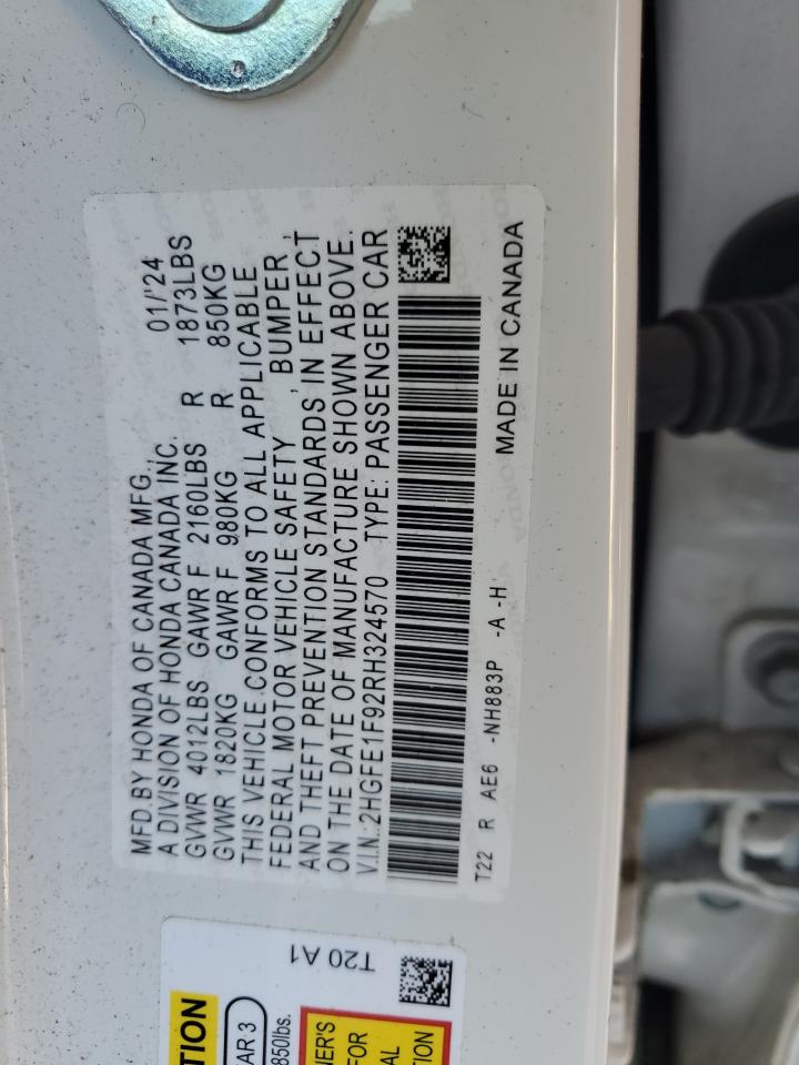 2024 Honda Civic Touring VIN: 2HGFE1F92RH324570 Lot: 84712245
