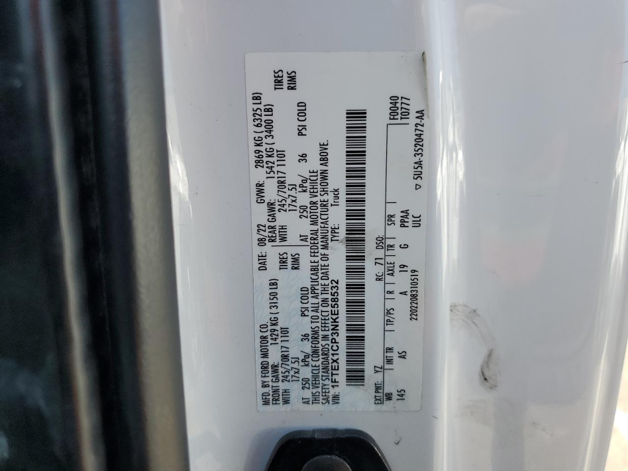 2022 Ford F150 Super Cab VIN: 1FTEX1CP3NKE58532 Lot: 70737435