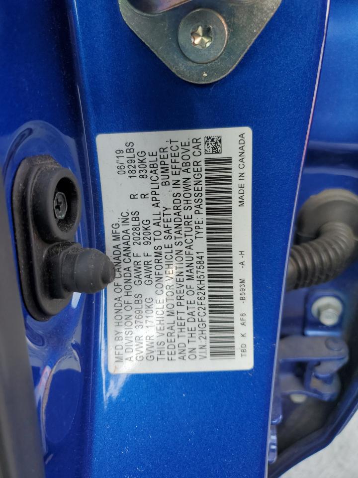 2019 Honda Civic Lx VIN: 2HGFC2F62KH575841 Lot: 71269395