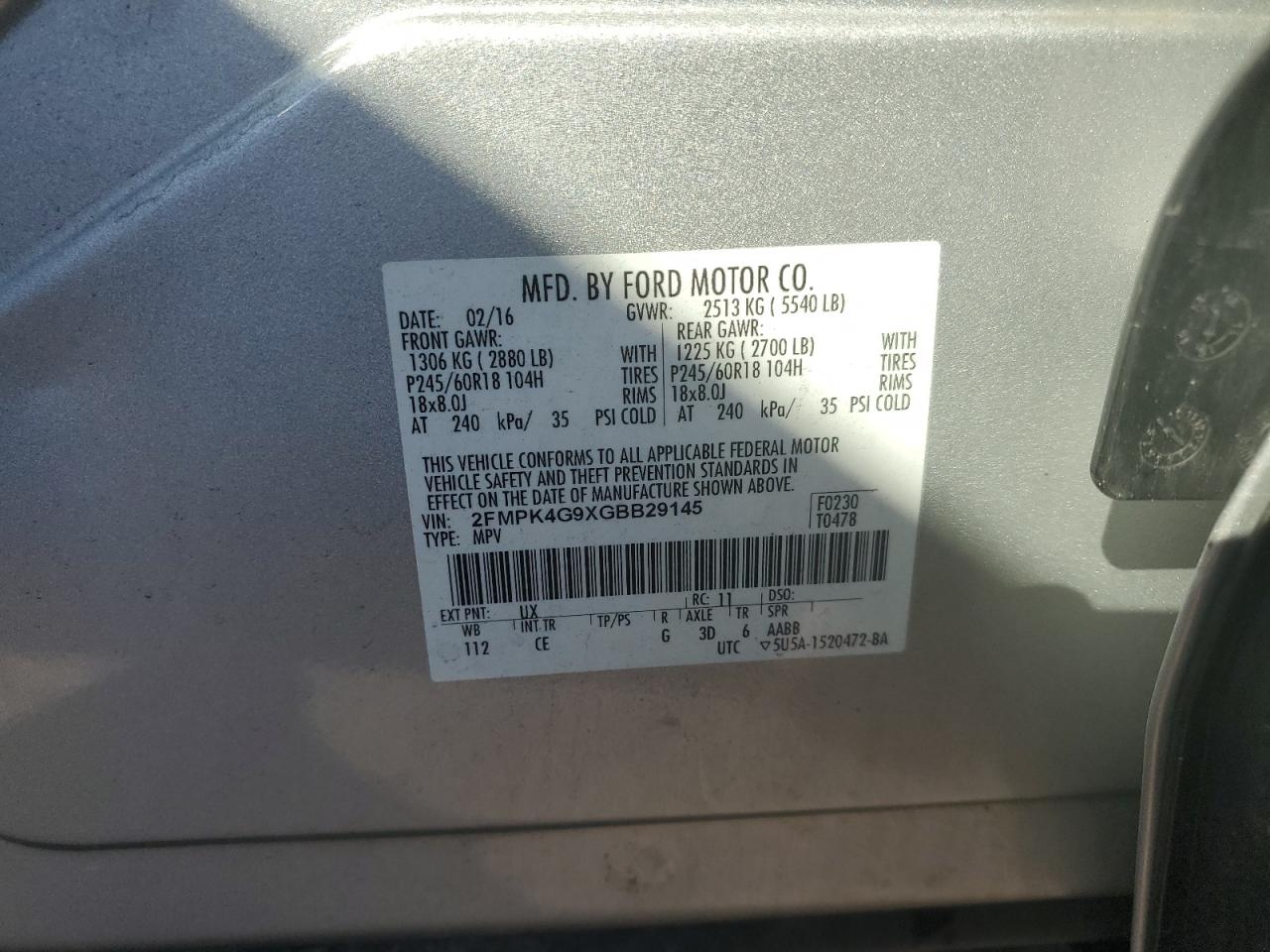 2016 Ford Edge Se VIN: 2FMPK4G9XGBB29145 Lot: 70979485