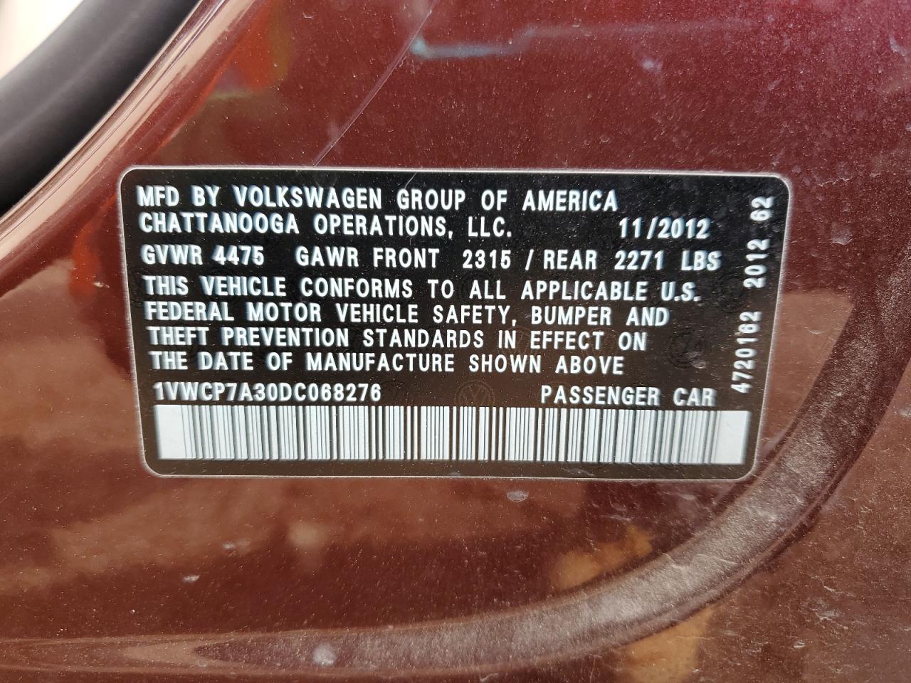 2013 Volkswagen Passat Sel VIN: 1VWCP7A30DC068276 Lot: 80512125