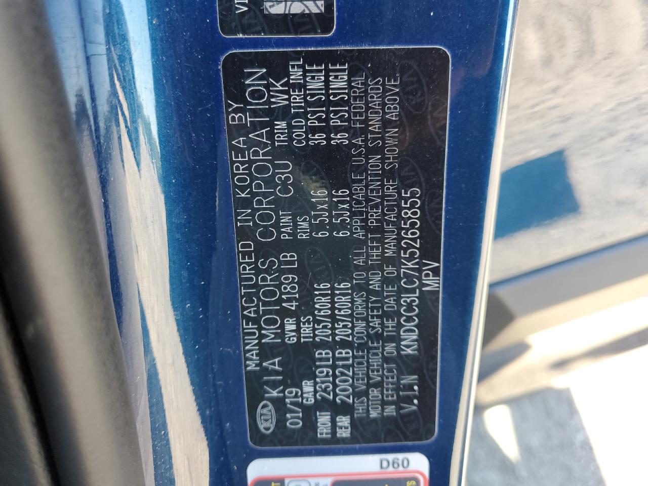 2019 Kia Niro Ex VIN: KNDCC3LC7K5265855 Lot: 71969405