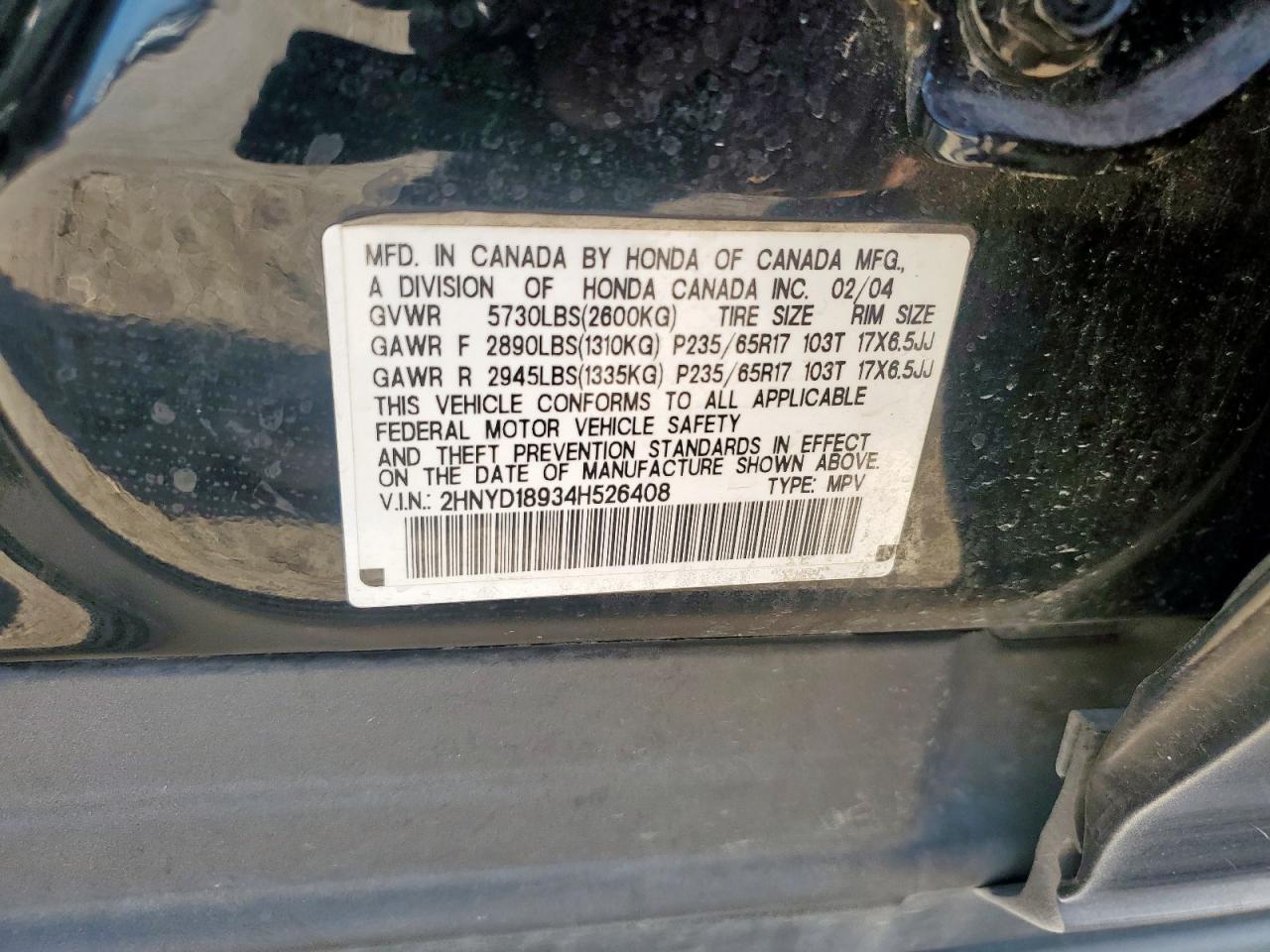 2004 Acura Mdx Touring VIN: 2HNYD18934H526408 Lot: 81096395