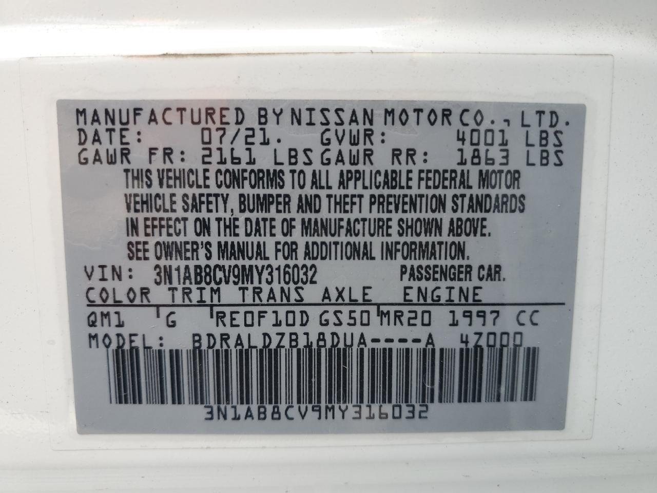 2021 Nissan Sentra Sv VIN: 3N1AB8CV9MY316032 Lot: 84241355