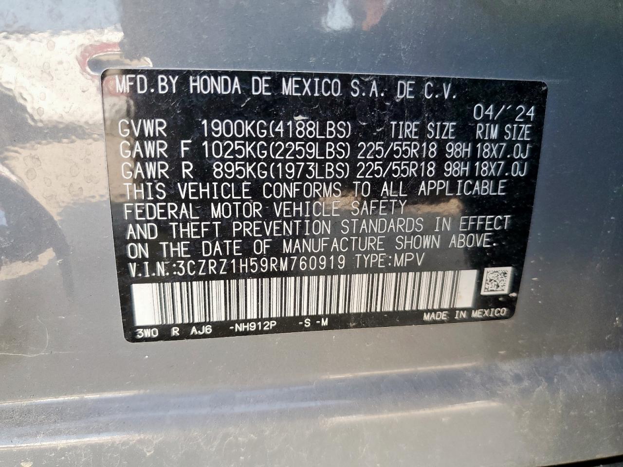 2024 Honda Hr-V Sport VIN: 3CZRZ1H59RM760919 Lot: 81161815