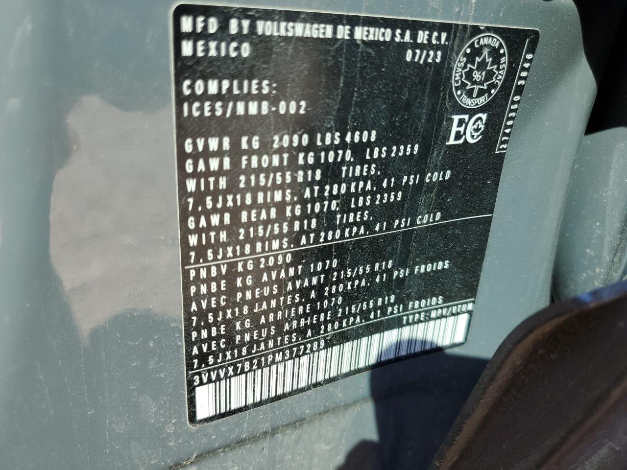 2023 Volkswagen Taos Se VIN: 3VVVX7B21PM377289 Lot: 70865855