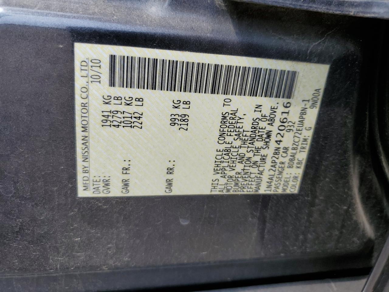 2011 Nissan Altima Base VIN: 1N4AL2AP2BN420616 Lot: 80789085