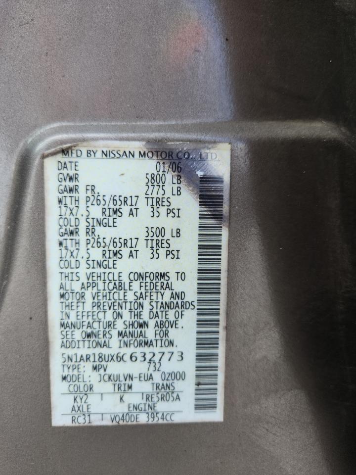 2006 Nissan Pathfinder Le VIN: 5N1AR18UX6C632773 Lot: 81201565