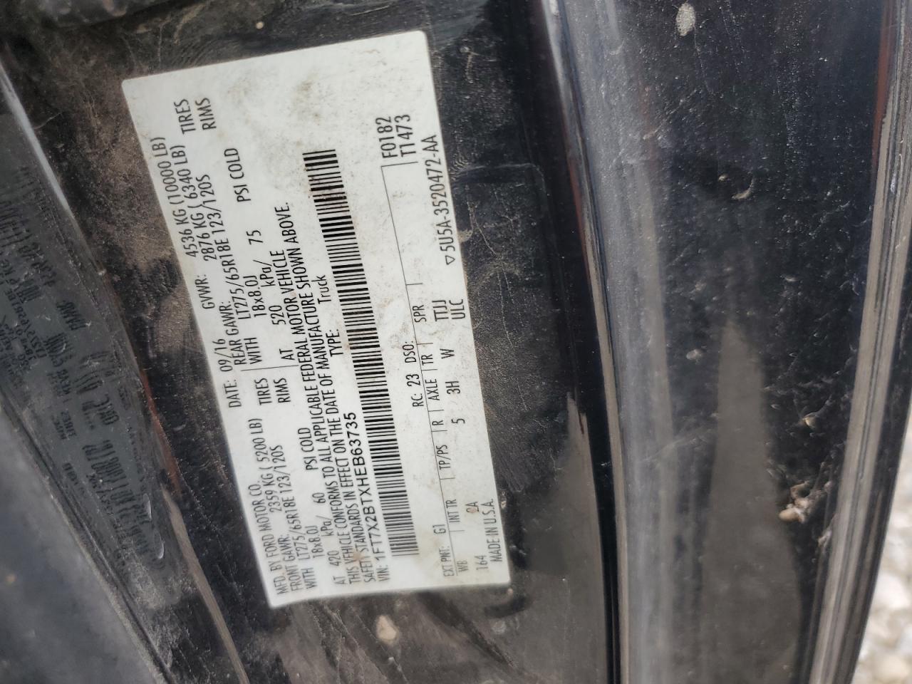 2017 Ford F250 Super Duty VIN: 1FT7X2BTXHEB63735 Lot: 82104125