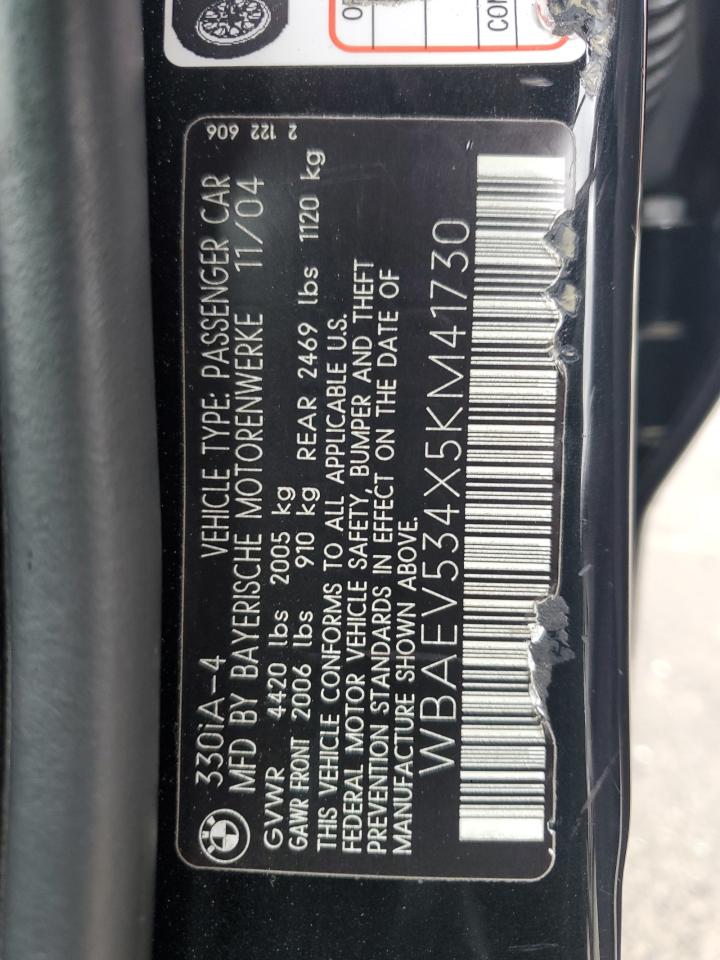 2005 BMW 330 I VIN: WBAEV534X5KM41730 Lot: 84789335